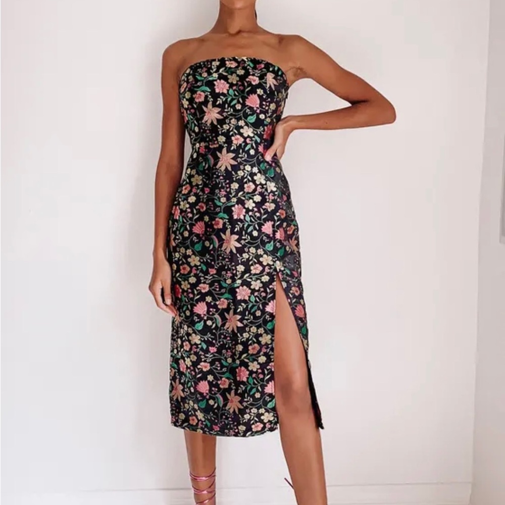 Lulus Make a Move Black Satin Floral Jacquard Strapless Midi Dress (size small)
